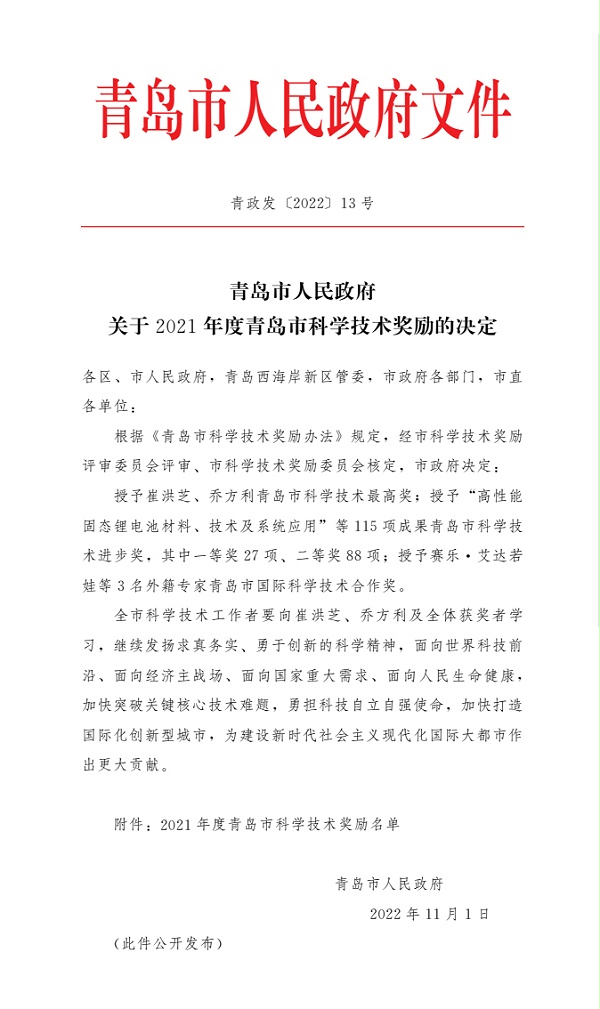 青岛市科技进步二等奖